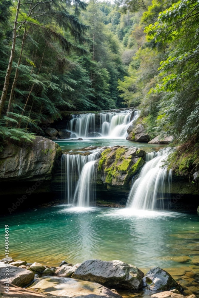 Fototapeta premium Multi-tiered waterfall with turquoise pool in lush forest