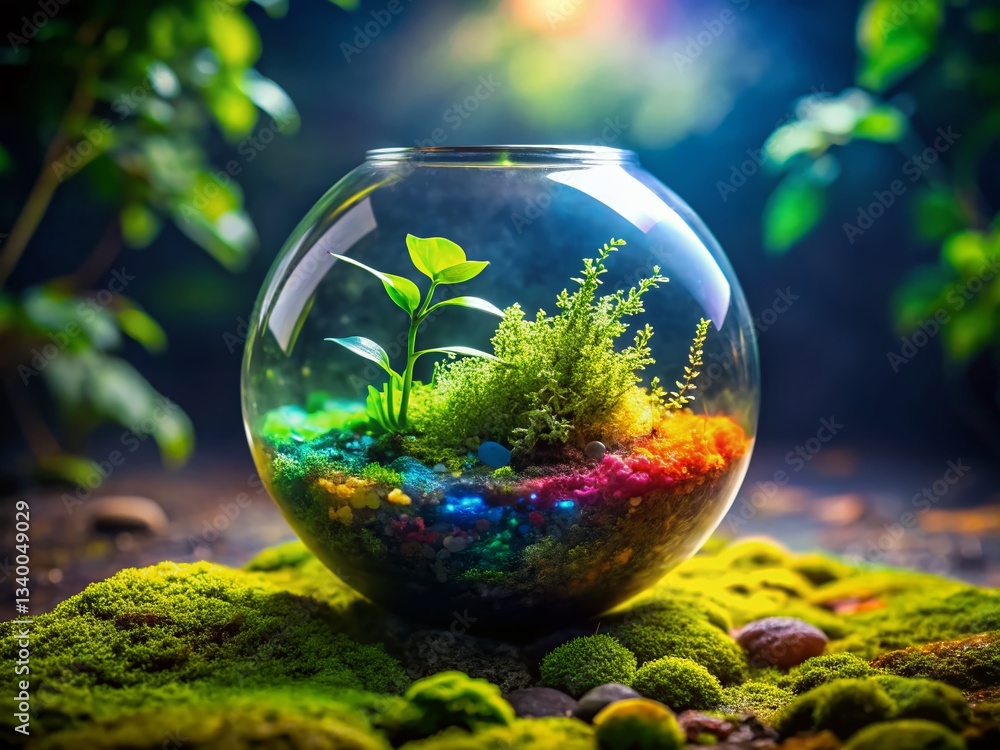 Fototapeta premium Double Exposure Terrarium: Rainbow Petals & Mossy Stone