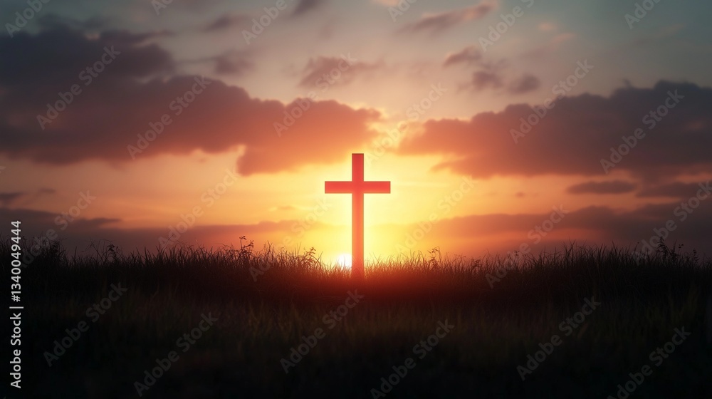 The image showcases a silhouette of a wooden cross positioned centrally against a vibrant sunset backdrop. The sun, partially obscured by the cross, casts a warm, golden light across the scene. The The image showcases a silhouette of a wooden cross positioned centrally against a vibrant sunset backdrop. The sun, partially obscured by the cross, casts a warm, golden light across the scene. The