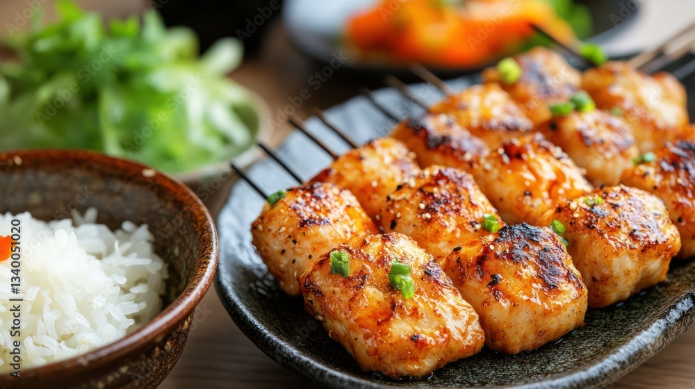 Delicious Grilled Chicken Skewers with Rice and Salad Delicious Grilled Chicken Skewers with Rice and Salad
