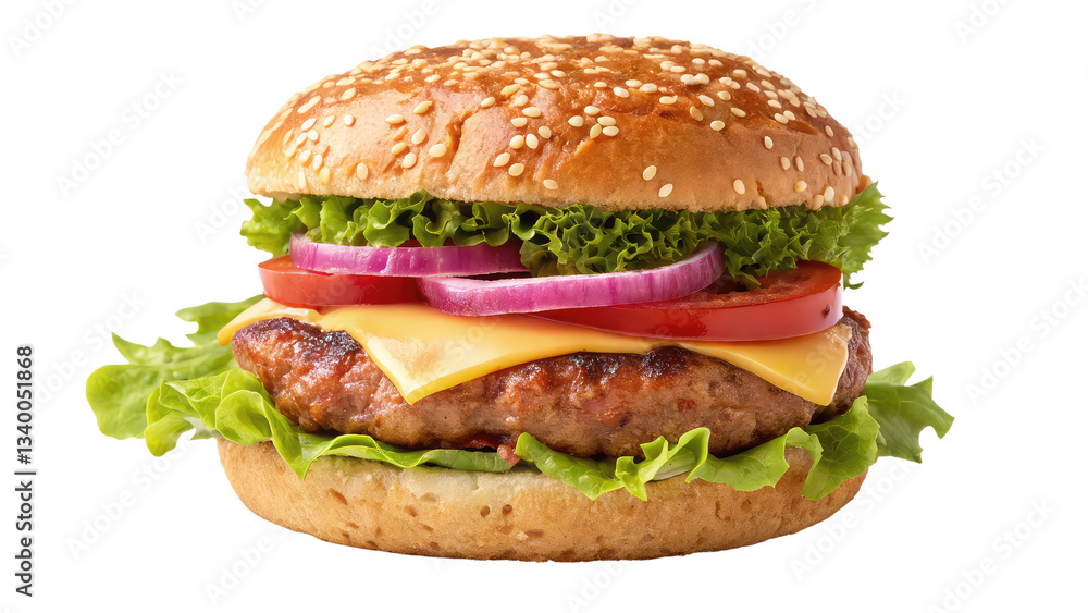 Tasty hamburger with layers of fresh ingredients including crispy lettuce, ripe tomato, melted cheese, and a perfectly cooked beef patty on transparent background PNG. Tasty hamburger with layers of fresh ingredients including crispy lettuce, ripe tomato, melted cheese, and a perfectly cooked beef patty on transparent background PNG.