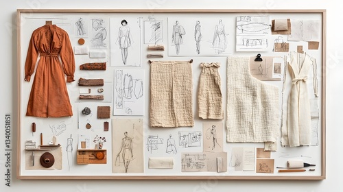 A carefully curated display of fashion design elements including fabric swatches color studies and sketched silhouettes creating an inspiring and insightful mood board