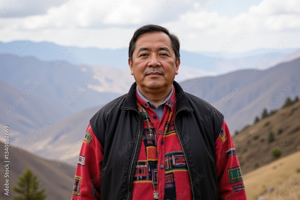 Naklejka premium Middle-aged Male Indigenous Peruvian Man Standing in Traditional Attire Against a Scenic Mountainous Landscape in the Andes Region