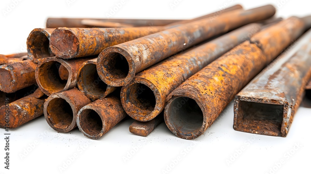 A close up view of a collection of industrial metal pipes with a weathered rust stained appearance arranged against a plain white background A close up view of a collection of industrial metal pipes with a weathered rust stained appearance arranged against a plain white background