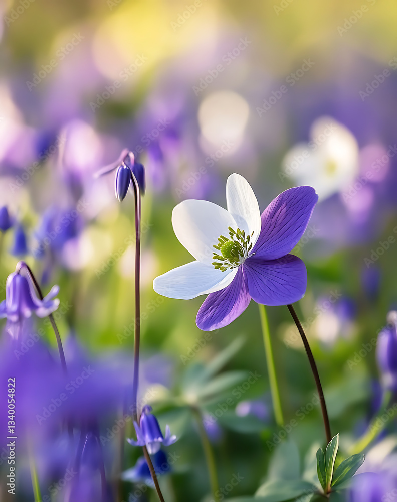 Here metadata for image, formatted as requested Anemone bluebell in gentle spring breeze evokes serenity soft focus highlights delicate beauty, creating peaceful, dreamy botanical scene
