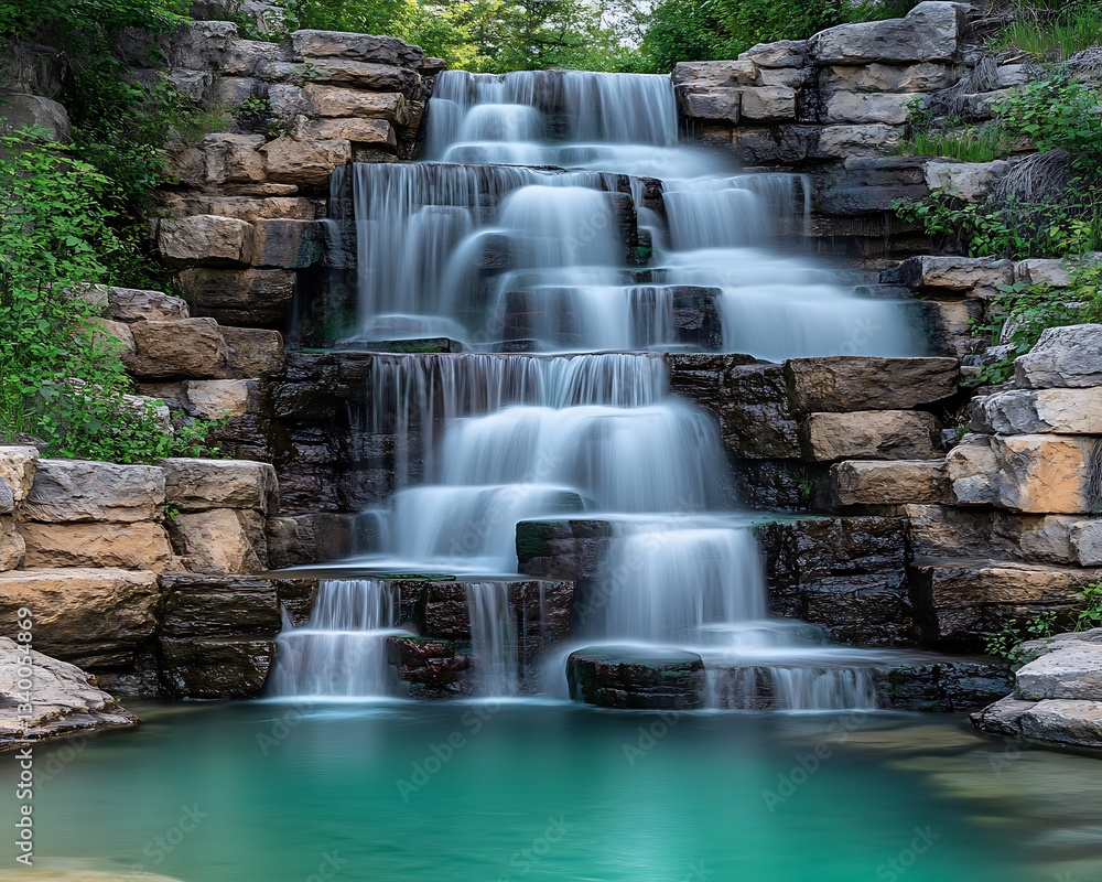 Crystal-clear waterfall cascading down rugged rocks into a turquoise pool surrounded by greenery Crystal-clear waterfall cascading down rugged rocks into a turquoise pool surrounded by greenery