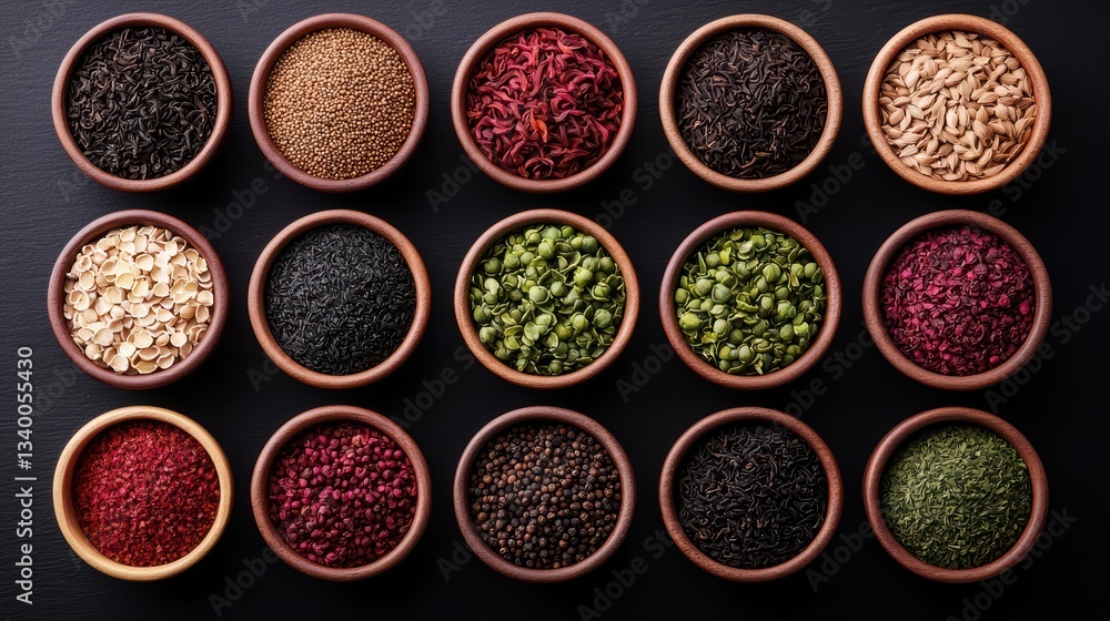 Assorted spices in wooden bowls arranged on a dark surface Assorted spices in wooden bowls arranged on a dark surface