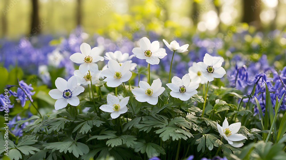 Fototapeta premium White anemones and bluebells in spring create serene and dreamy scene. soft bokeh background gives feeling of tranquility and peace in this springtime image