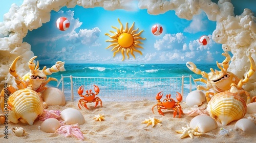 Playful crabs playing beach volleyball