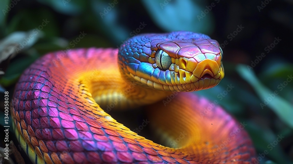 Fototapeta premium Ferocious Sunbeam Snake shimmering with an iridescent rainbow sheen as it slithers through the dense jungle