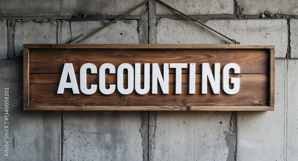 Fototapeta premium accounting lettering on wooden sign board hanging on concrete wall background