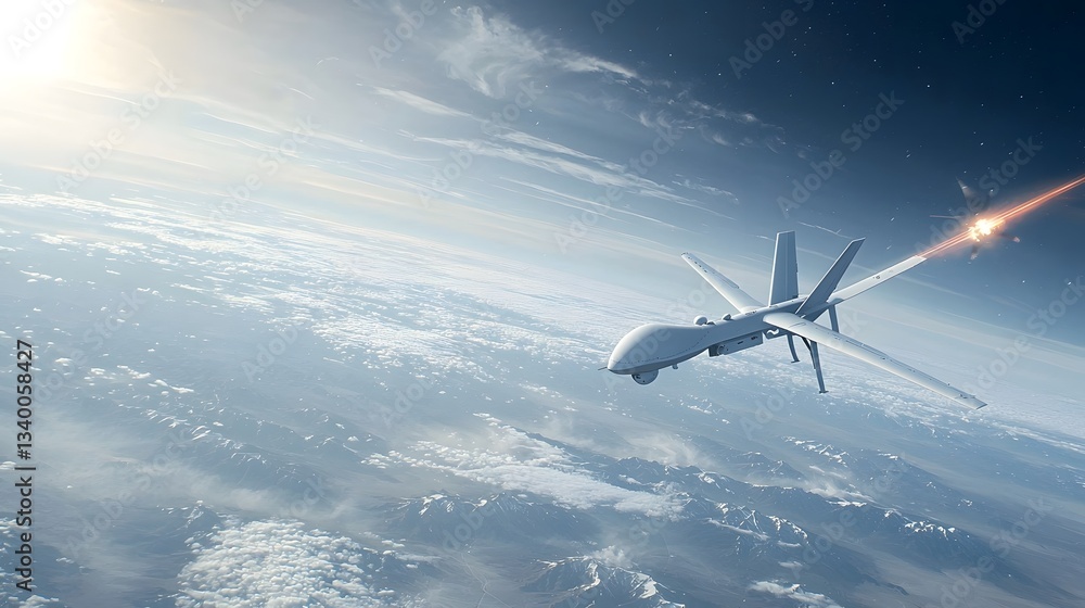 Naklejka premium A futuristic military aircraft soaring through the clouds at high altitude showcasing the latest advancements in aviation technology and design