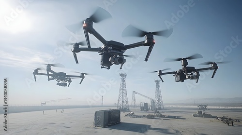 A group of drones flying in the air with an anti drone jammer device disrupting their navigation systems to prevent unauthorized aerial activity