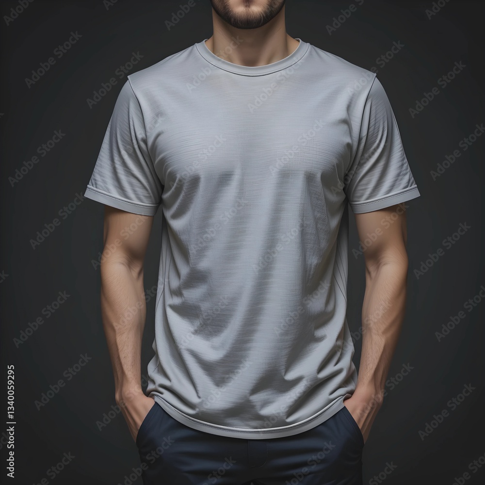 a male model in a plain t-shirt, standing in a relaxed pose with her hands in her pockets, fine fabric texture with delicate creases and creases, minimal and modern fashion photography, dark gradient a male model in a plain t-shirt, standing in a relaxed pose with her hands in her pockets, fine fabric texture with delicate creases and creases, minimal and modern fashion photography, dark gradient