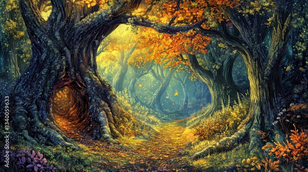 Enchanting Autumn Forest Path with Hollow Tree Enchanting Autumn Forest Path with Hollow Tree
