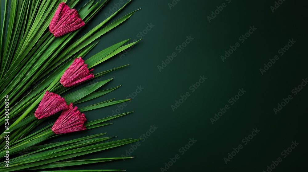 Obraz premium Vibrant pink flowers arranged with green palm leaves