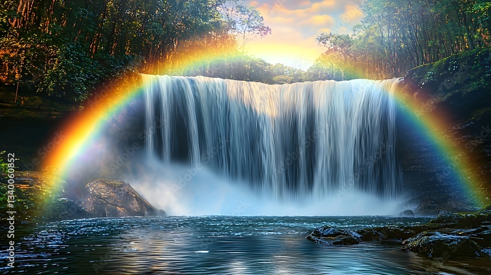 Majestic waterfall cascading down rocky cliffs with a vibrant rainbow arching across the clear blue sky Majestic waterfall cascading down rocky cliffs with a vibrant rainbow arching across the clear blue sky