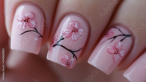 Closeup of painted pink cherry blossom nails