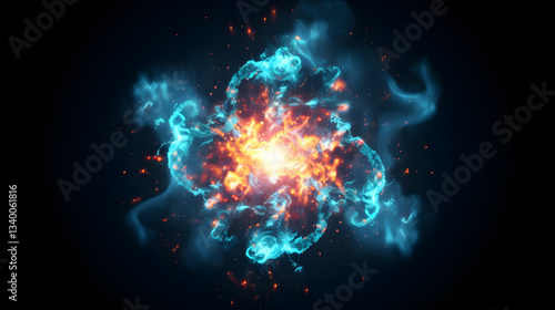 Vibrant blue and orange explosion representing chaotic inflation in a colorful cosmic illustration of celestial phenomena and energy dynamics.