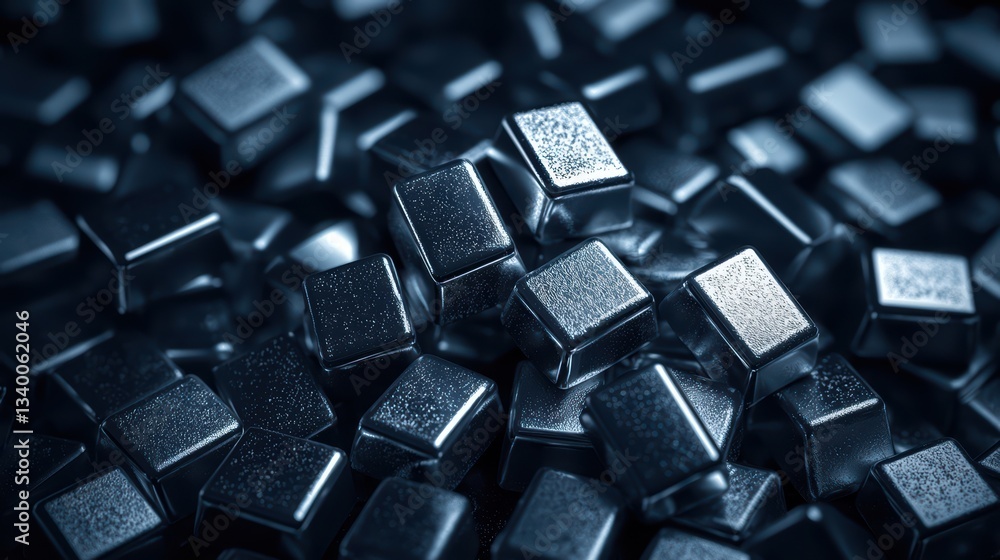 Close-up of shiny metallic cubes in abstract arrangement