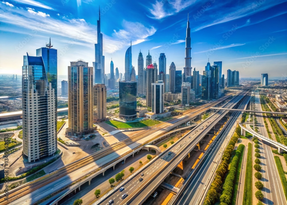 Naklejka premium Dubai Sheikh Zayed Road Train Aerial View Sunny Day March 2016