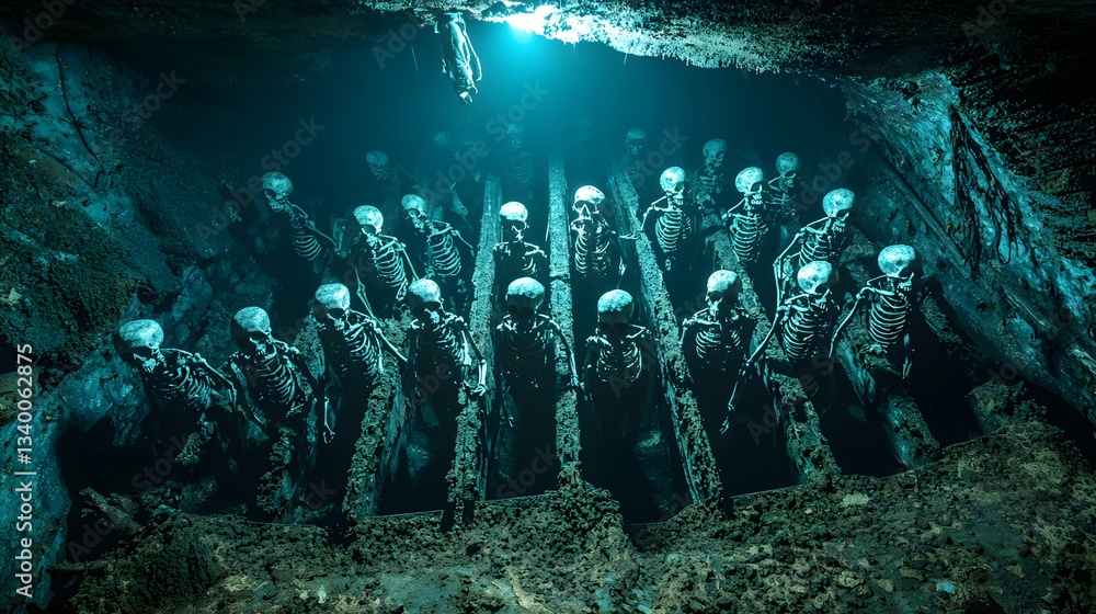 Obraz premium Group of eerie skeletons found in a dark cave near a pirate shipwreck under mysterious lighting creating a haunting scene