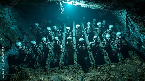 Group of eerie skeletons found in a dark cave near a pirate shipwreck under mysterious lighting creating a haunting scene