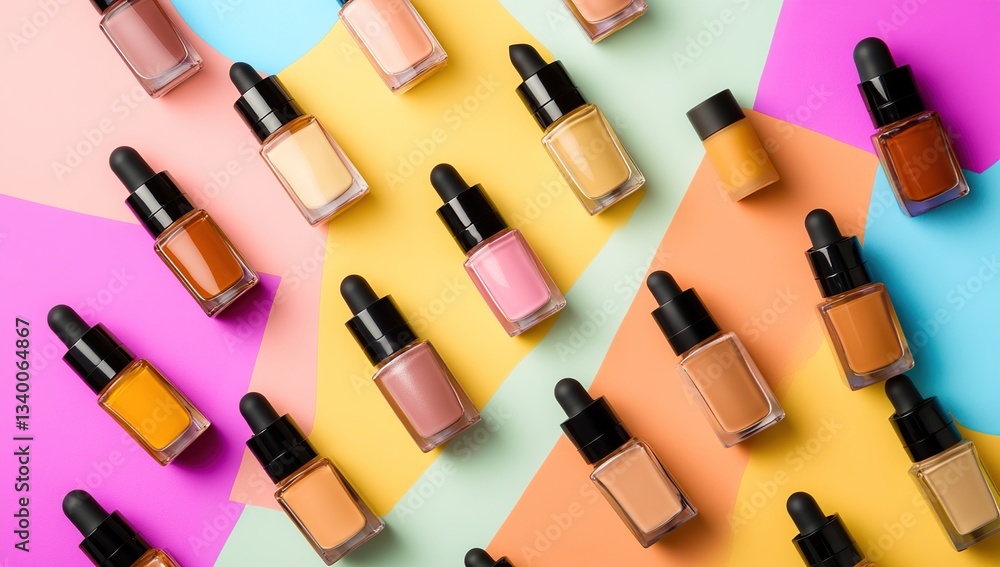 Obraz premium Exploring Diverse Cosmetic Shades: Foundation Colors Arranged on Colorful Background