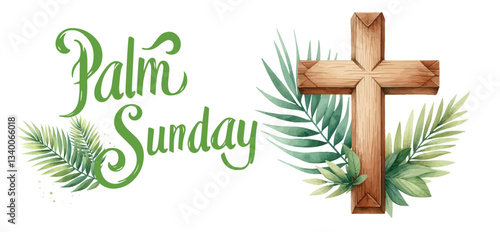 Palm Sunday . Christian cross vector sumbol .Palm Sunday consept. Wooden cross with palm leaves . Good Friday .Ester celebration.