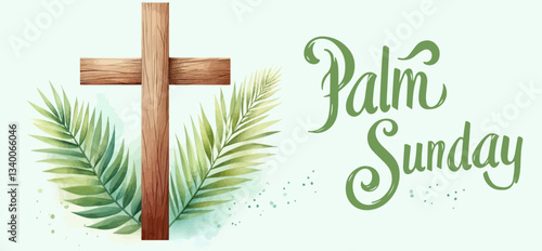 Palm Sunday . Christian cross vector sumbol .Palm Sunday consept. Wooden cross with palm leaves . Good Friday .Ester celebration.