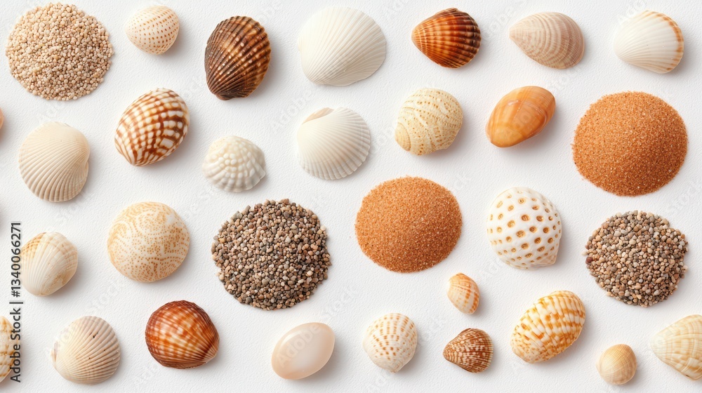Fototapeta premium Assorted seashells and sand textures arranged aesthetically