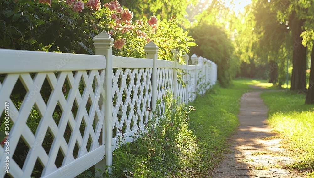 White Lattice Fence Design: Enhance Your Garden's Beauty with Elegant Outdoor Fencing, Creating a Peaceful Backyard Oasis. White Lattice Fence Design: Enhance Your Garden's Beauty with Elegant Outdoor Fencing, Creating a Peaceful Backyard Oasis.