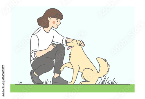 犬, ペット, 動物, ゴールデンレトリバー, 女性, なでる, ふれあい, 癒し, リラックス, 屋外, 公園, 散歩, 犬のしつけ, 愛犬, ペットライフ, 家族, 友情, 信頼, コミュニケーション, 動物愛護, 自然, 幸せ, 優しさ, 仲良し, 触れ合い, 表情, かわいい, シンプル, 清潔感, イラスト, ドッグ, シルエット, ベクター, 歩行, 仔犬, 人々, manga, ウォ