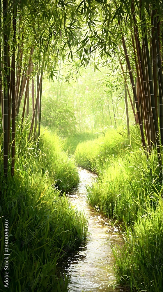 Obraz premium Picturesque stream meandering through a beautiful bamboo forest creating a tranquil atmosphere for nature lovers