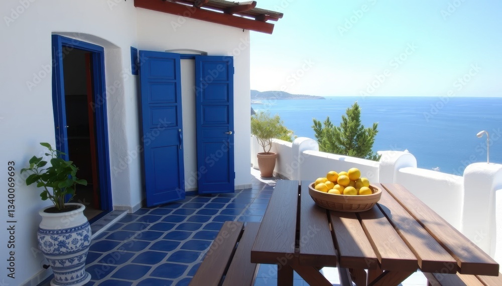 Fototapeta premium Mediterranean Patio Whitewashed Walls, Blue Tiles, Sea View