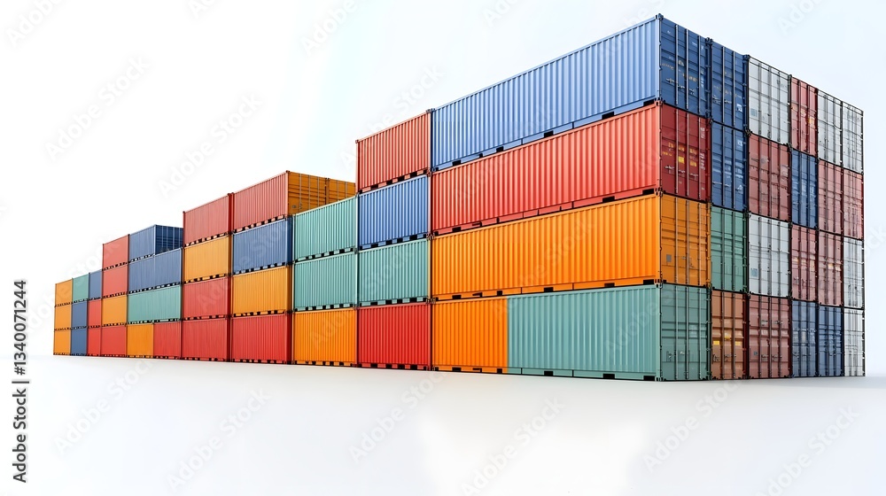 Fototapeta premium An depiction of stacked shipping containers in various vibrant colors against a clean white backdrop symbolizing global trade logistics and transportation