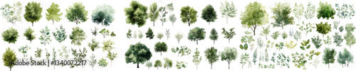 set of various trees in different styles, tree top view for architectural design. isolated on white or transparent background.