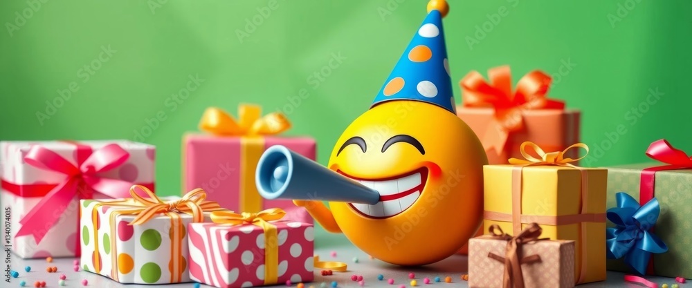 Naklejka premium A cheerful laughing emoji wearing a party hat, blowing a noisemaker amidst birthday gifts, laughing, gifts