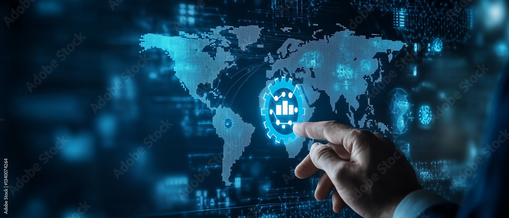 Businessman touching a digital gear icon with a map of the world on a virtual screen for a global business and information technology concept, with a blue color tone background and banner design.