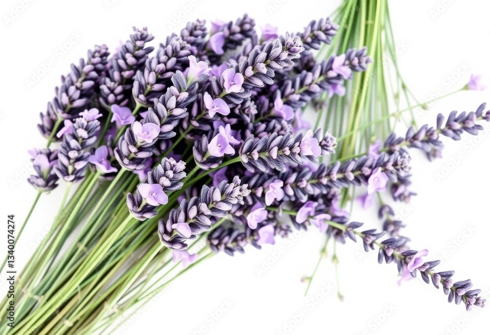 Fototapeta premium A cluster of fresh lavender sprigs, purple blooms, green stems, isolated on pure white, texture, health