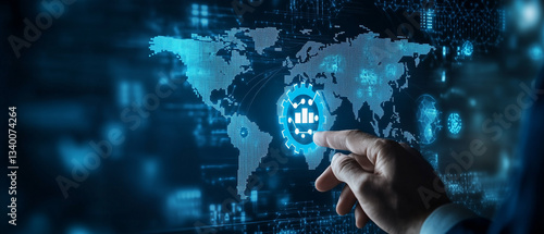 Obraz na płótnie Businessman touching a digital gear icon with a map of the world on a virtual screen for a global business and information technology concept, with a blue color tone background and banner design. w salonie