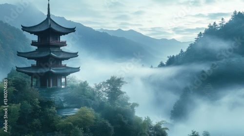 A peaceful Zen garden with a pagoda overlooking a misty mountain valley --ar 16:9 --v 6.1 Job ID: e1d0a422-38e6-4367-b868-de9f9f03c2a4