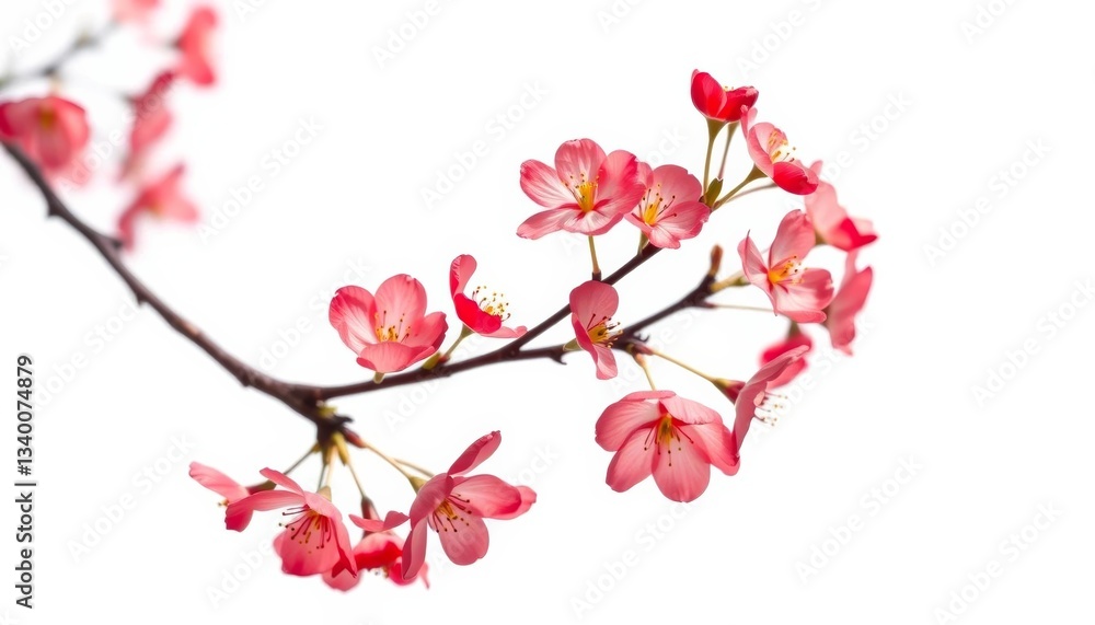 Naklejka premium A delicate branch of vibrant red plum blossoms, isolated against a pure white background, symbolizing spring's arrival, springtime, beautiful