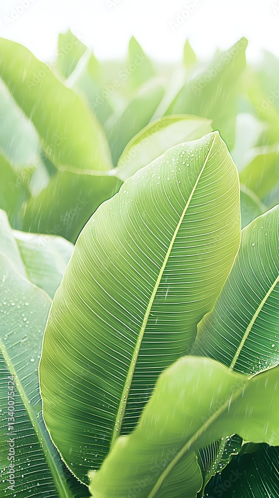 Obraz premium Close-up of raindrops on a vibrant green leaf glimmering in the light after a refreshing rain shower