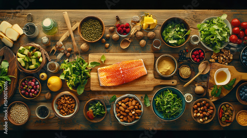 vibrant top down view of rustic kitchen table filled with fresh ingredients, including salmon, greens, nuts, and various spices, creating