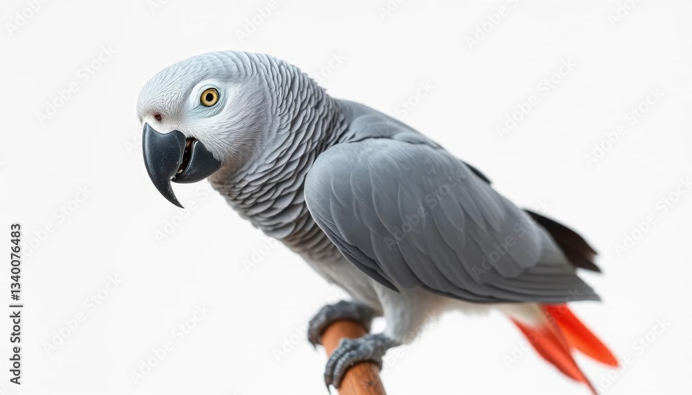 Fototapeta premium A gray Jaco parrot perched on a plain white background, parrot stock photo, studio shot