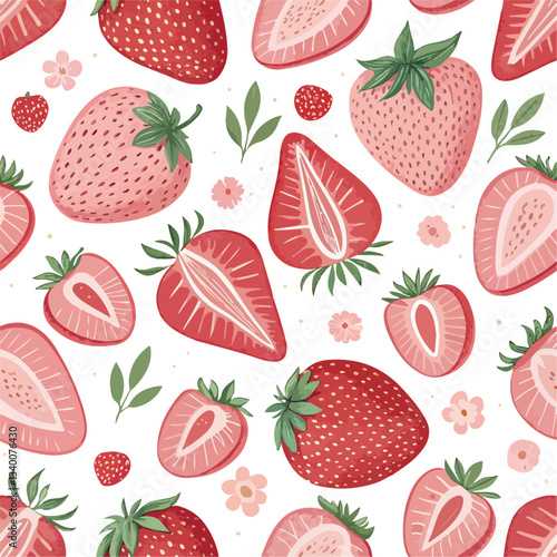 Seamless Abstract Summer Strawberry Pattern with Whole and Half Fruits on white background