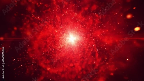 A vivid red explosion of light and particles radiates outward in a cosmic setting, resembling a supernova or energy burst in space.