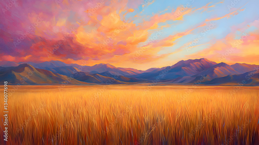 Obraz premium A golden field of tall grass swaying in the breeze, framed by distant mountains under a vibrant sky