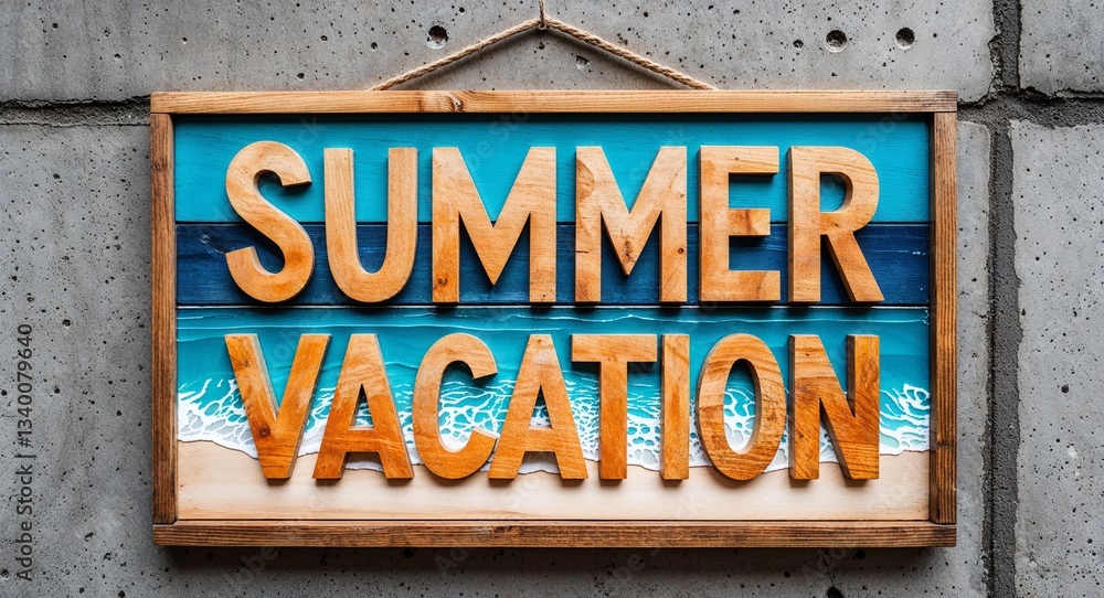 Fototapeta premium summer vacation lettering on wooden sign board hanging on concrete wall background